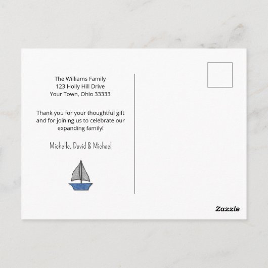 Nautical Sailboat Baby Boy Photo Shower Thank You Postkarte (Rückseite)