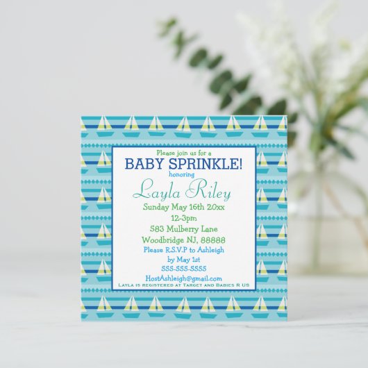 Nautical Sailboat Baby Sprinkle Einladung (Stehend Vorderseite)