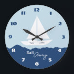 Nautical Sailboat Große Wanduhr<br><div class="desc">Stylish nautical wall clock featuring a white sailing boat silhouette on a soft blue background with deep blue ocean waves. The design captures the peaceful feeling of the sea and open horizons. The phrase “Sail Away” adds a sense of adventure and freedom, perfect for lovers of the ocean and coastal...</div>