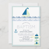 Nautical Sailboat & Lighthouse Blue Boy Taufe Einladung (Vorderseite)