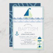 Nautical Sailboat & Lighthouse Blue Boy Taufe Einladung (Vorne/Hinten)