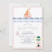 Nautical Sailboat & Lighthouse Pink Girl Taufe I Einladung (Vorderseite)