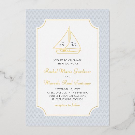 Nautical Sailboat Minimalist Preppy Wedding Folieneinladung (Vorderseite)