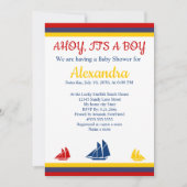 Nautical Sailboat Navy Blue Yellow Red Baby Dusche Ankündigung (Vorderseite)