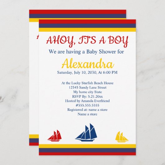Nautical Sailboat Navy Blue Yellow Red Baby Dusche Ankündigung (Vorne/Hinten)