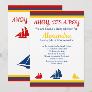 Nautical Sailboat Navy Blue Yellow Red Baby Dusche Ankündigung