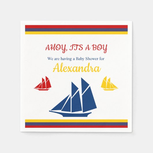 Nautical Sailboat Navy Blue Yellow Red Baby Dusche Serviette (Vorderseite)