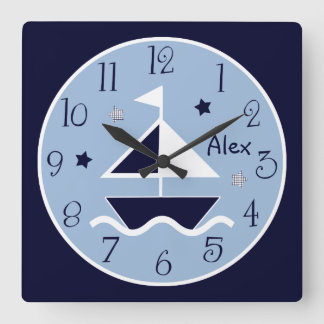 Nautical Sailboat & Stars Niedliche Kinderuhr Quadratische Wanduhr