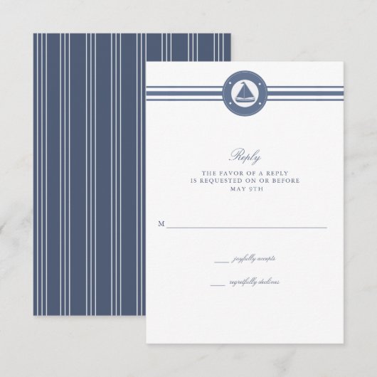 Nautical Sailboat Stripe Blue Wedding RSVP Karte (Vorne/Hinten)