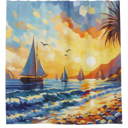 Nautical Sailboote Sunset Tropical Beach Duschvorhang (Vorderseite)