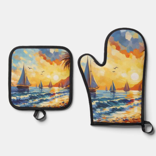 Nautical Sailboote Sunset Tropical Beach Ofenhandschuh & Topflappen-Set (Vorderseite)
