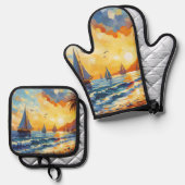 Nautical Sailboote Sunset Tropical Beach Ofenhandschuh & Topflappen-Set (Vorderseite/Rückseite)
