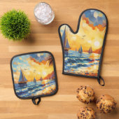 Nautical Sailboote Sunset Tropical Beach Ofenhandschuh & Topflappen-Set (Oben Unten)