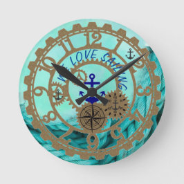 Nautical Sailing Clock Aqua und Gold Gears Runde Wanduhr
