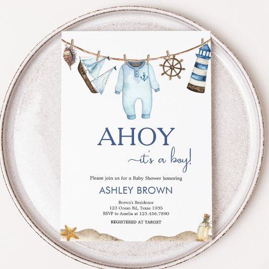 Nautical Sailor Ahoy Baby Dusche Einladung