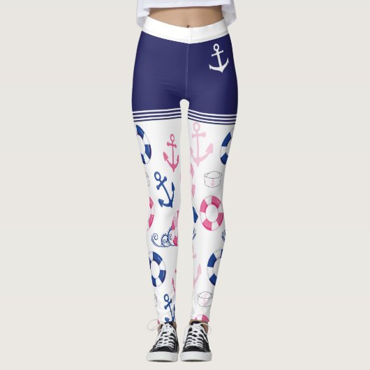 Nautical Sailor Anchor, Buoy and Bucket Hat Trendy Leggings (Vorderseite)