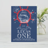 Nautical Sailor First Birthday Blue Einladung (Stehend Vorderseite)