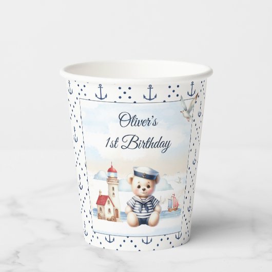 Nautical Sailor Niedlich Bären Sommer 1. Geburtsta Pappbecher (Rückseite)