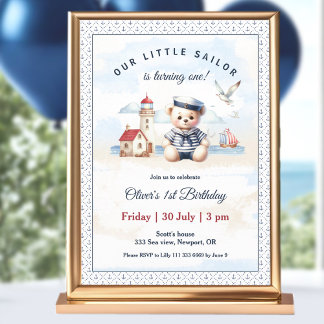 Nautical Sailor Niedlich Bear 1. Geburtstag Einlad Einladung