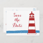Nautical Save the Date Lighthouse Red Blue Wedding Ankündigungspostkarte (Vorne/Hinten)