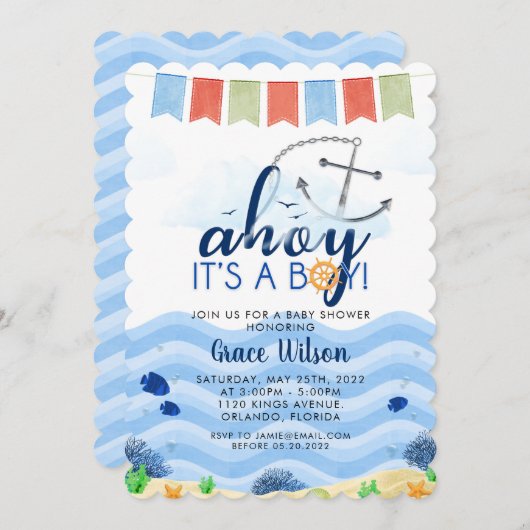 Nautical Sea Ahoy Die junge Babydusche lädt Sie ei Einladung (Vorne/Hinten)