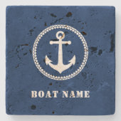 Nautical Sea Anchor mit Ihrem Bootsnamen auf blau Steinuntersetzer (Vorderseite)