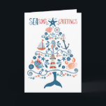 Nautical Seas and Greetings Beach Weihnachtsbaum Feiertagskarte<br><div class="desc">Die Beachte Holiday Grußkarte zeigt ein Muster von tropischen Fischen, Leuchtturm, Wal-Schwanz, Muschel, Seesterne, Krabben, Sand Dollar, Segelboot, Seepferd und Kapitän's Rad in Form eines Weihnachtsbaumes mit "SEAson's Greetings" in einem coolen nautischen Schriftart. Inside hat eine "herzliche Wünsche für ein frohes Weihnachtsfest & Happy New Year" Gruß. Original-Kunstwerk KL Stock....</div>