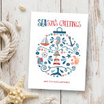 Nautical Seas & Greetings Beach Weihnachtsschmuck Feiertagskarte<br><div class="desc">Die Beachte Holiday Grußkarte zeigt ein Muster von tropischen Fischen,  Leuchtturm,  Wal-Schwanz,  Muschel,  Seesterne,  Krabben,  Sand Dollar,  Segelboot,  Seepferd und Kapitän's Rad in Form eines Weihnachtsschmuck mit "SEAson's Greetings" in einem coolen nautischen Schriftart. Original-Kunstwerk KL Stock.</div>