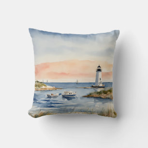 Nautical Seascape Coastal Boats Sunrise Leuchtturm Kissen