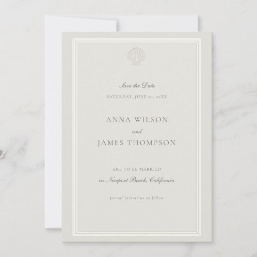 Nautical Seashell Classic Ecru feierliche Hochzeit Save The Date (Vorderseite)