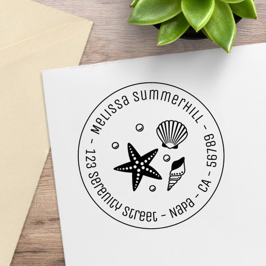 Nautical Seashell Starfish Pearls Round-Address Gummistempel