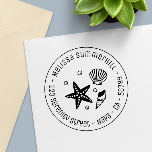 Nautical Seashell Starfish Pearls Round-Address Permastempel
