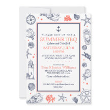 Nautical Seaside Beach Navy Blue/Coral Einladung