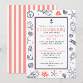 Nautical Seaside Beach Navy Blue/Coral Einladung
