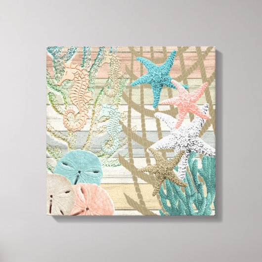 Nautical Seepferd Beach - Coral Leinwanddruck (Vorderseite)