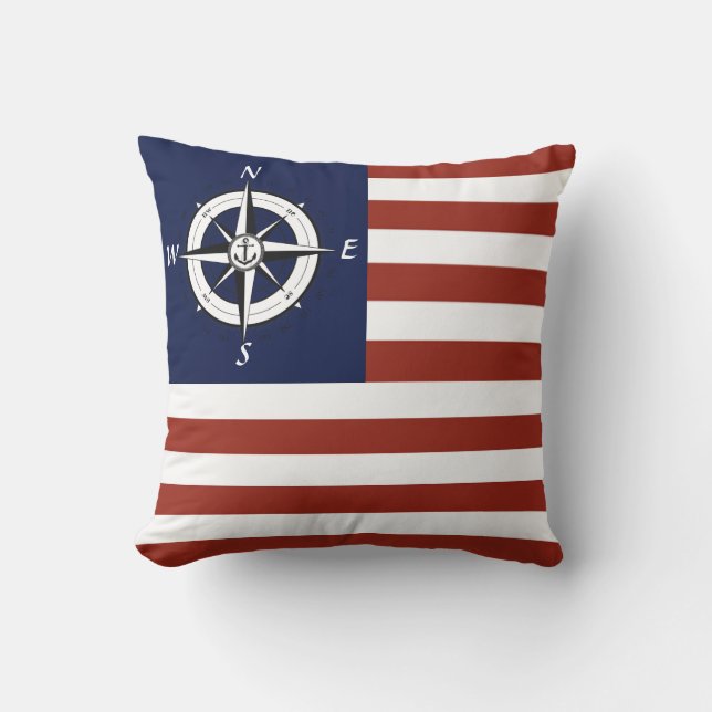 Nautical Segelboot Compass/American Flag Strip Kissen (Vorderseite)