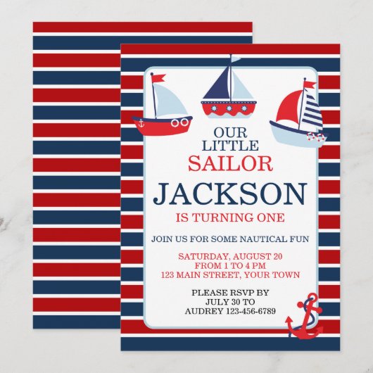 Nautical Segelboote 1. (oder jedes Alter) Geburtst Einladung (Vorne/Hinten)