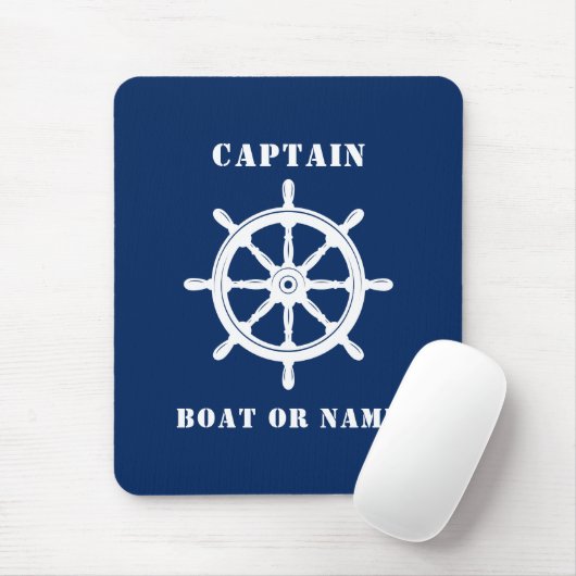 Nautical Ship Helm Captain & Boat or Name Navy Mousepad (Mit Mouse)