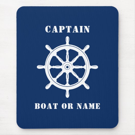 Nautical Ship Helm Captain & Boat or Name Navy Mousepad (Vorne)