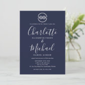 Nautical Ship Knot Navy Blue Script Foto Hochzeit Einladung (Stehend Vorderseite)