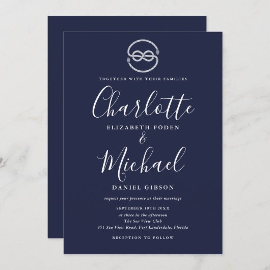 Nautical Ship Knot Navy Blue White Script Hochzeit Einladung (Vorne/Hinten)
