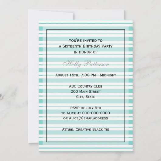 Nautical Ship Lt Blue White Stripe #2 V Sweet 16 Einladung (Rückseite)