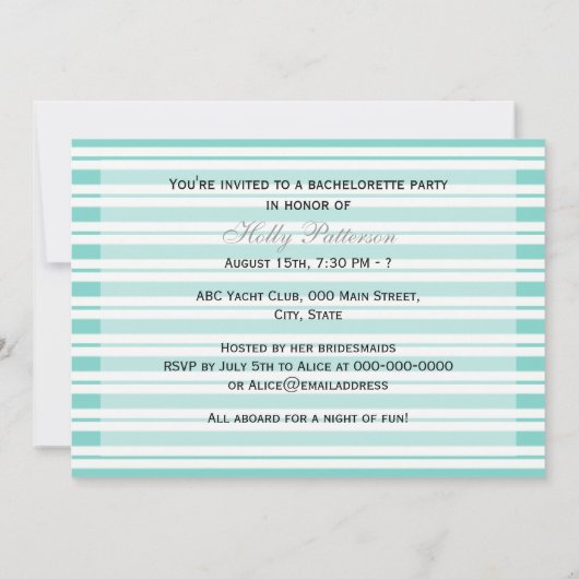 Nautical Ship Lt Blue White Stripe H Bachelorette Einladung (Rückseite)