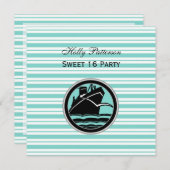 Nautical Ship Lt Blue White Stripe SQ Sweet 16 Einladung (Vorne/Hinten)