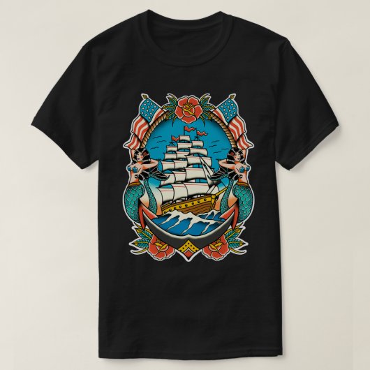 Nautical Ship Mermaid Anchor American Traditional T-Shirt (Design vorne)