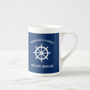 Nautical Ship Wheel Helm Family Beach House Navy Porzellantasse