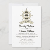 Nautical Ship Wheel Lighthouse Tan Wedding Einladung (Vorderseite)