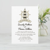 Nautical Ship Wheel Lighthouse Tan Wedding Einladung (Stehend Vorderseite)