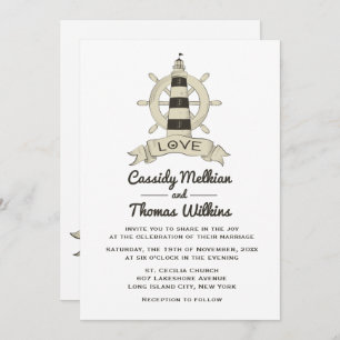 Nautical Ship Wheel Lighthouse Tan Wedding Einladung