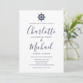 Nautical Ship Wheel Navy Blue Script Hochzeit Einladung (Stehend Vorderseite)